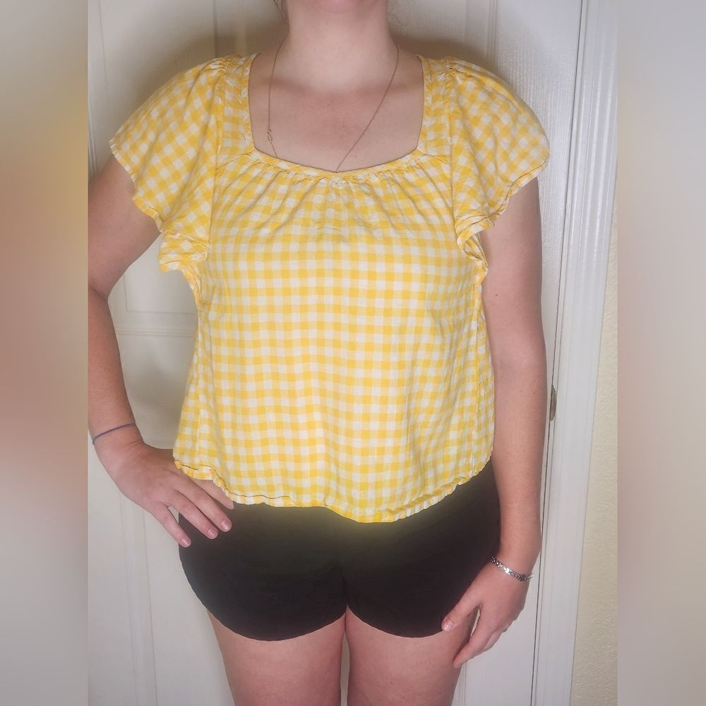 Old Navy M FlutterSlve LINEN Blend Gingham YellowWhite Plaid Tie Back Women Top